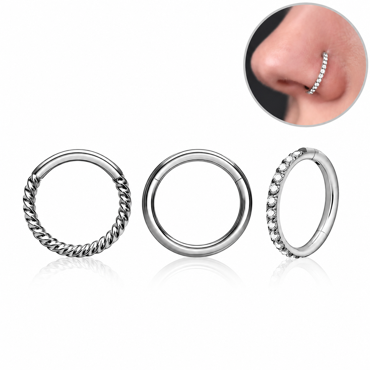 Crown Plain & Spiral NoseRing (3 Pcs Silver )