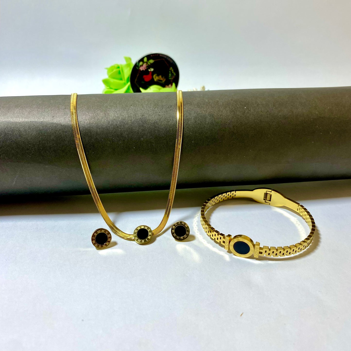 Black Circle Snake Chain Set (Anti Tarnish)