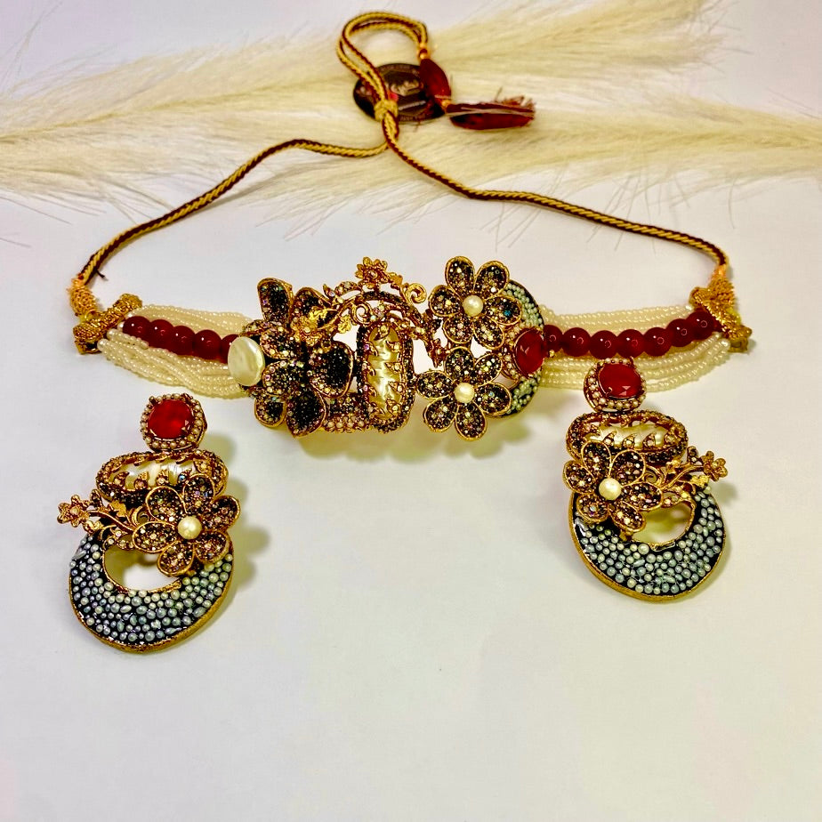 Ottoman Charm Turkish Pearl Choker Red