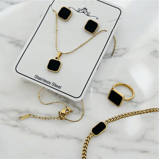 Black Big Stone Chain Set with Bracelet